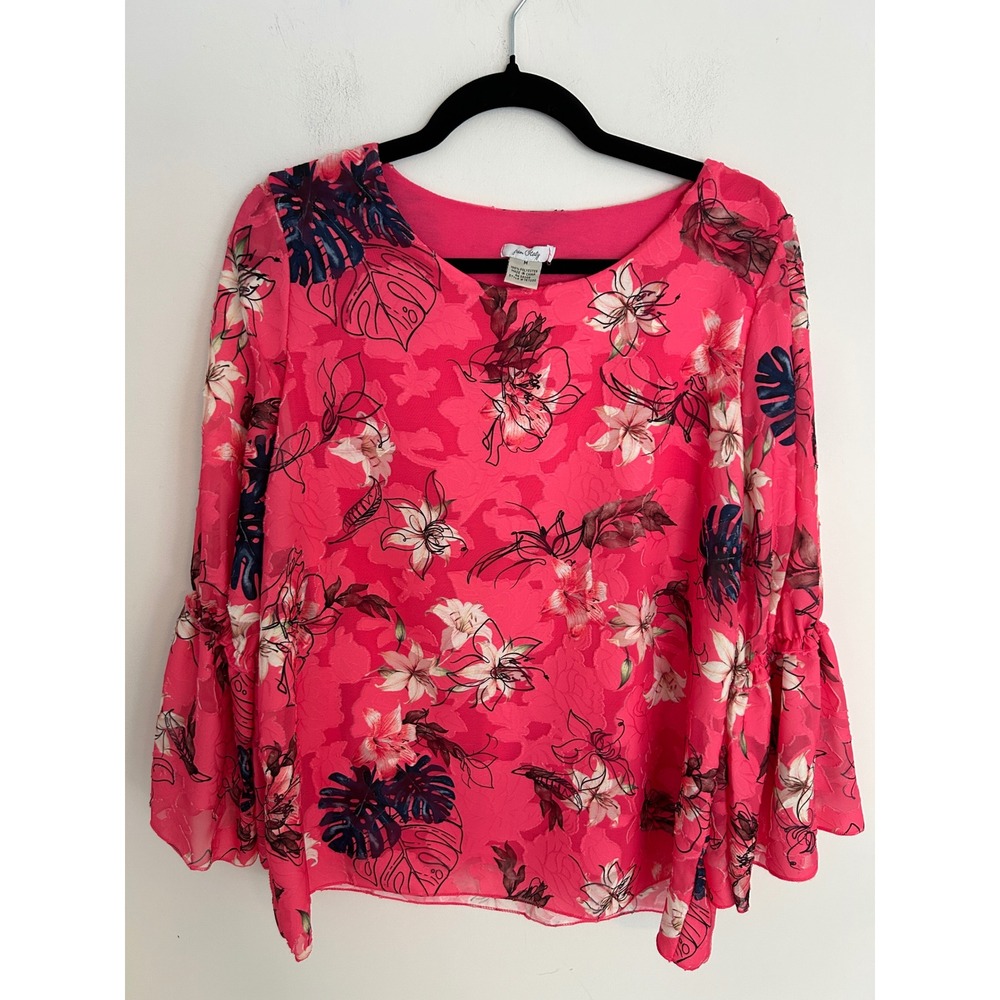 From‎ Italy Pink Tropical Floral Burnout Bell Sleeve Blouse Top Medium 7E7200